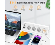 Kampinis lizdas su 2 usb c ir 2 usb a, 4 krypčių maitinimo juosta su atskirai perjungiamais keliais lizdais, tvirtinama prie sienos, 4000 w 16 a, virtuvės maitinimo juosta su keliomis jungtimis, 2 m laidas, balta