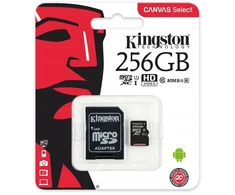 Kingston 256 gb micro sd class 10 atminties kortelė + sd adapteris