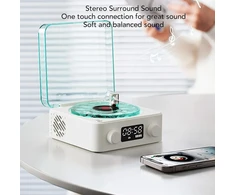 Kompiuterio kolonėlės Retro patefono bluetooth garsiakalbis, 4 režimai, nešiojamas belaidis patefono stereo garsiakalbis su laikrodžiu ir švelnia naktine lempute pramogoms ir namų dekoravimui