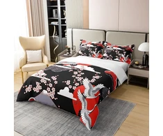 Kranich 100% medvilnės antklodės užvalkalas 220 x 240 cm japoniško stiliaus patalynės komplektas vyšnių žiedų raštu moterims ir mergaitėms, dekoratyvinis japoniškas tradicinis antklodės užvalkalų komplektas su užtrauktukais