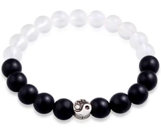 Kuzzoi Buddha 0207491522 vyriška apyrankė su juodu onikso brangakmeniu ir stiklo karoliukais, yin-yang simbolio karoliukas pagamintas iš 925 sidabro, apyrankė porai, jogos apyrankė, energijos apyrankė, ilgis 19-23 cm