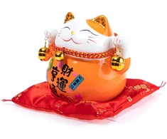 Lachineuse - katė maneki neko - pinigų dėžutė sėkmės amuletas japoniškas - tradicijos iš azijos - oranžinė spalva - porcelianas - dekoratyvinė ir dovanos idėja japonija azija - apsauga, laimė ir džiaugsmas
