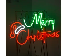 Looklight Kalėdinė neoninė iškaba "merry Christmas" su kalėdine kepure, Led neoninė lemputė, žalios raudonos raidės, neoninės iškabos kalėdiniam vakarėliui, vaikų miegamajam, barui, parduotuvei, kalėdinei dekoracijai