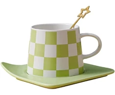 Magicvogel Modernus kavos puodelis su lėkštele ir šaukšteliu 240 ml espresso puodelių rinkinys keramikinis cappuccino puodelis kavai, latte, mocha, macchiato, arbatai (žalias)