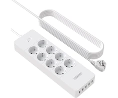 Maitinimo juosta su apsauga nuo viršįtampių 1700 džaulių su usb ir 3 m variniu kabeliu, kelių lizdų, montuojama ant sienos 16 a/4000 w, su apsauga nuo vaikų, eu kištukas, skirta namams, balta, daugkartinio naudojimo