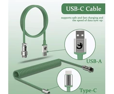 Mambasnake C01 spiralinis klaviatūros kabelis, profesionalus spiralinis Usb-c kabelis mechaninėms klaviatūroms, Type-c į Usb-a kabelis su nuimama metaline aviacine jungtimi, Tpu skirtas žaidimų klaviatūroms, Pc, Mac, kompiuteriui - žalias