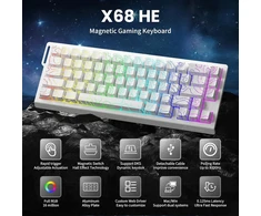 Mambasnake x Attack Shark X68he mechaninė klaviatūra su Rapid Trigger Magnetic Switch, 0,01 mm reguliuojamas aktyvavimas, laidinė 60% žaidimų klaviatūra su spiraliniu kabeliu, 8 Khz, Socd (baltas Contours)