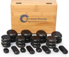 Master Massage karštų akmenų bazalto akmenų rinkinys dekoratyvinėje bambuko dėžutėje, 28 vienetai, 100% natūralus akmuo