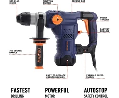 Maxpro sds-plus 1500w elektrinis perforatorius 5.5j 6 greičiai 3 funkcijos antivibracinė technologija gręžimo galia betonui (32mm) metalui (13mm) medžiui (42mm)