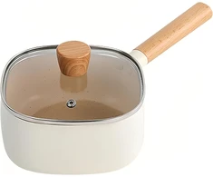 Maxspace puodas, nelipnus aliuminio pieno puodas 18 cm su dangčiu 1.8 l, tinkamas visų tipų viryklėms, sriubos dubuo su medine rankena pienui, sriubai, makaronams (baltas)