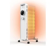 Midea Ny1507-22m alyvos radiatorius 1500 W energiją taupantis tylus elektrinis šildytuvas su 7 briaunomis, termostatas, 3 šildymo nustatymai, apsauga nuo apvirtimo ir perkaitimo, eco režimas, greitas šildymas ir nešiojamas, baltas