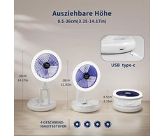 Mihoho turbo ventiliatorius, 4 greičių oro cirkuliatorius su šviesa, sulankstomas ventiliatorius su baterija ir lempa namams, biurui, stalui, laukui, montuojamas ant lubų ir sienos (baltas (su šviesa))