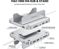 Minisopuru Iexpandmate Mini218b Pro Mac mini M4 dokas su 10 gbps usb c/a, tf/sd, usb a 2.0, mac mini hub'as ir stovas su m.2 nvme ssd (nepridedamas), skirtas mac mini m4 ir m4 pro 2024