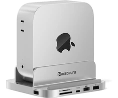 Minisopuru Iexpandmate Mini218b Pro Mac mini M4 dokas su 10 gbps usb c/a, tf/sd, usb a 2.0, mac mini hub'as ir stovas su m.2 nvme ssd (nepridedamas), skirtas mac mini m4 ir m4 pro 2024