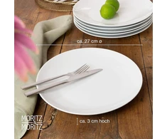 Moritz &amp; Moritz Basic lėkščių rinkinys 6 asmenims, modernus, skersmuo 27 cm, aukštos kokybės porceliano indų rinkinys, baltas, plokščios lėkštės, 6 vnt. rinkinys, puikiai tinka kaip vakarienės lėkštės, stalo įrankiai ir serviravimo lėkštės