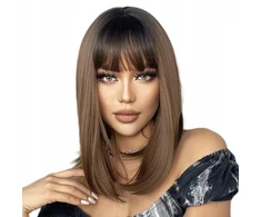 Moteriškas perukas Bob plaukai ombre ruda 41cm natūralus + Wig Cap