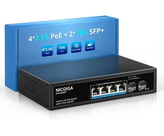 Nicgiga 4 prievadų 2.5g Poe nevaldomas komutatorius su 4 x 2.5gb Base-t Poe+@78w + 2 x 10g Sfp Uplink, 2.5gbe Ieee802.3af/at Power Over Ethernet komutatorius, palaiko Wifi6 Ap, Nas, 4k Poe kameros Nvr