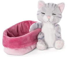 Nici Minkštas žaislas miegantis kačiukas 12 cm pilkas rožiniame/violetiniame krepšelyje