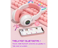 Ohaanyy Belaidės ausinės vaikams, Bluetooth ausinės vienaragis sulankstomos, mergaitėms su laidu ir mikrofonu ausinės vaikams su Led šviesa stereo ausinės mobiliesiems telefonams/planšetiniams Kompiuteriams/pc (baltos)