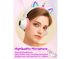Ohaanyy Belaidės ausinės vaikams, Bluetooth ausinės vienaragis sulankstomos, mergaitėms su laidu ir mikrofonu ausinės vaikams su Led šviesa stereo ausinės mobiliesiems telefonams/planšetiniams Kompiuteriams/pc (baltos)