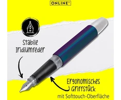 Online Campus Colour Line rašalinis plunksnakotis dešiniarankiams, ergonomiška rankena, standartinės rašalo kasetės su aukštos kokybės iridžio plunksnos galiuku