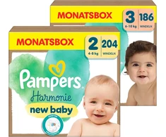 Pampers Harmonie sauskelnės mėnesio rinkinys, su 2 dydžio (4-8kg, 204 vienetai) + 3 dydžio (6-10 kg, 186 vienetai), pirmasis kūdikio kraitelis