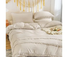 Patalynės komplektas Freyamy boho antklodės užvalkalas 220 x 240 cm + 2 pagalvių užvalkalai 65 x 65 cm fringe beige bohemiška patalynė dvigulei lovai suaugusioms mergaitėms antklodės užvalkalas pagamintas iš 100% mikropluošto, skalbtas su užtrauktuku