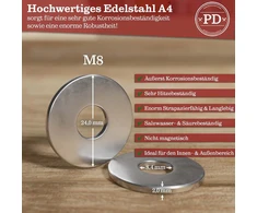 Pd® didelės poveržlės M8 (din 9021 / Iso 7093) | aukštos kokybės A4 V4a nerūdijančio plieno korpuso poveržlės | nerūdijančios plieno poveržlės su dideliu išoriniu skersmeniu | 25 vnt.