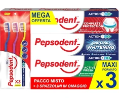 Pepsodent dantų pasta 75 ml (3 vnt.) + 3 dantų šepetėliai