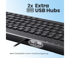 Perixx 10761 Periboard-409 H, mini klaviatūra su 2 x Usb šakotuvais, 1,80 m kabelis su Usb jungtimi, pianino lakas, Qwertz De išdėstymas, juoda