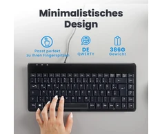 Perixx 10761 Periboard-409 H, mini klaviatūra su 2 x Usb šakotuvais, 1,80 m kabelis su Usb jungtimi, pianino lakas, Qwertz De išdėstymas, juoda