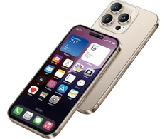 Perusha demonstracinis netikras žaislinis telefonas, metalinis modelis, neveikianti kopija 1:1 skirtas phone 16 promax, netikras žaislas, 16 pro max aukso spalvos ekranas