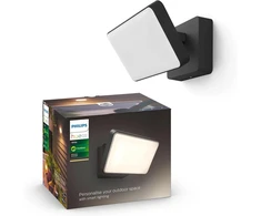 Philips Hue Baltas Welcome prožektorius (2 600 lm), reguliuojamo ryškumo lauko sieninis šviestuvas, skirtas Hue apšvietimo sistemai su šilta ir šalta balta šviesa, išmanusis apšvietimo valdymas balsu ir programėle, juodas