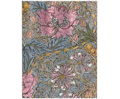 Pink Morris Rožinė Honeysuckle (william Morris) itin plonas užrašų knygutė kietu viršeliu be linijų: kietas viršelis, 120 gsm, juostelė-skirtukas, kišenėlė atminimams, elastinė juostelė, kraštų marginimas