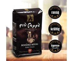 Kavamalė Più caffè Café Crème kavos pupelės, aštrios, stiprios, intensyvios ir sodrios, Arabica ir Robusta, šveicariškas būgninis skrudinimas, visos pupelės automatiniams kavos aparatams, Schümli Royal, 1kg