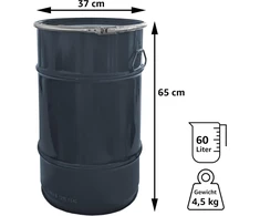 Plasteo® 60 litrų plieninė statinė su dangteliu, hobbock tipo, antracito pilka, su Un patvirtinimu, pagaminta Vokietijoje, skirta sandėliavimui, transportavimui ir laikymui, tvirta, stabili, hermetiška, užrakinama