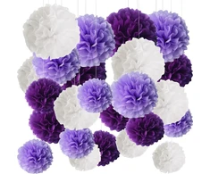 Pompomų dekoracijos, 24 vnt. popierinių pompomų dekoracijų pakuotė, popieriniai pompomai, popieriniai pompomai, popierinė gėlė, 3 spalvos ir 3 dydžiai, vestuvių vakarėlio dekoracijoms, violetinė, šviesiai violetinė