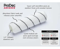 Prodec Advance 225 mm x 38 mm profesionalus amatininkų klasės vidutinio plauko austas mikropluošto dažų volelis, skirtas lygiai apdailai dažant emulsinius dažus ant vidaus sienų ir lubų