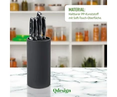 Qdesign universalus peilių blokas - pp plastiko blokas su švelnia danga - cilindrinis laikiklis - optimalus laikymas - ašmenų apsauga - juodas