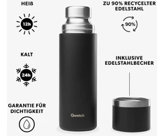 Qwetch termosas nerūdijančio plieno 750 ml juodas - izoliuota kolba ir termosas su perdirbto nerūdijančio plieno puodeliu - 24 valandos šaltai ir 12 valandų karštai - nepralaidus, be bpa ir puikiai tinka kavai