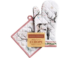Rankšluostis Maison Dhermine Maison d' Hermine orkaitės pirštinė (19 cm x 33 cm) ir puodo laikiklio (20 cm x 20 cm) rinkinys, pagamintas iš 100% medvilnės, atsparus karščiui kepimui ant grotelių, gaminimui, kepimui, kaimiškas kalėdinis - padėkos diena / kalėdos