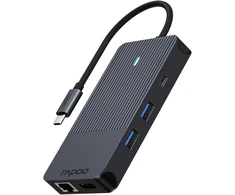 Rapoo Ucm-2005 Usb-c multiport adapteris 10-in-1, 100w Power Delivery, 2x 4k Hdmi, 1gbps Lan, 1 Usb-c ir 2 Usb-a 3.0 duomenų prievadai, Micro Sd/sd atminties kortelių skaitytuvas, Aux