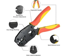 Rechetinis užspaudimo įrankis, Fortceremy izoliuotas rechetinis gnybtų užspaudimo įrankis, oranžinis Awg20-10 (0,5-1,5/1,5-2,5/4-6 mm²) rankinis užspaudimo replės elektros jungtims