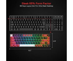 Redragon K631 Pro 65% belaidė Rgb žaidimų klaviatūra, 68 klavišų karštai keičiama kompaktiška mechaninė klaviatūra su karštai keičiamu Free-mod Pcb lizdu ir atskirais rodyklių klavišais, tylus raudonas linijinis jungiklis