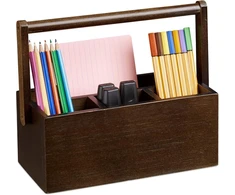 Relaxdays bambukinis rašiklių laikiklis, stalo organizatorius su rankena, biuro organizavimas, 4 skyriai rašikliams, tamsiai ruda, a x p x g: apie 20 x 25 x 11,5 cm, tamsiai ruda