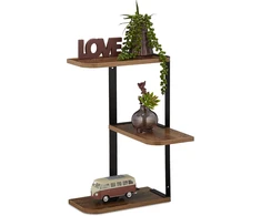 Relaxdays Kampinė Lentyna, 3 Zigzago Lentynos, A x P x G: 42.5 x 26.5 x 26.5 cm, Sieninė Lentyna, Svetainei, Virtuvei, Mdf, Metalas, Ruda/juoda