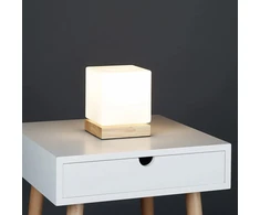 Lova Relaxdays kubo formos stalinė lempa, svetainei ir miegamajam, medis ir matinis stiklas, e14 naktinė lempa, 15 x 12 x 12 cm, balta/natūrali