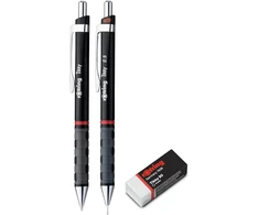 Rotring Tikky plonas švino pieštuko, rašiklio ir trintuko rinkinys | Pieštukas su hb švinuku, 0,5 mm | Vidutinio storio rašymo priemonė | Juodas korpusas | Lengvas su gumuota rankena