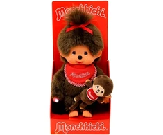 Sekiguchi 242184 Original Monchhichi mergaitė su Mini Monchhichi, pliušinis žaislas su raudonu seilinuku ir kaspinu plaukuose, apie 20 cm dydžio minkštas žaislas pagamintas iš rudo pliušo