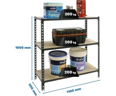 Simonrack Maderclick itin tvirta lentyna, sandėliavimo lentyna, 100 x 110 x 50 cm, metalinė lentyna, lentyna rūsiui, lenkimo riba 200 kg, 3 medinės lentynos, antracito/medžio spalvos